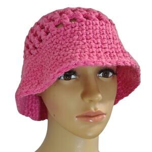 Vintage Pink Crochet Knit Bucket Hat Wide Brim Size Small